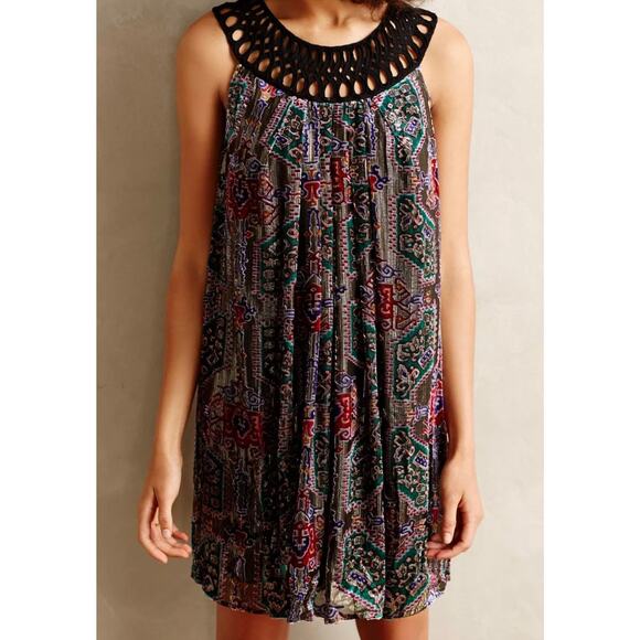 ANTHROPOLOGIE MOULINETTE SOEURS Velvet Burnout Dress Large Black Print Swing - Picture 1 of 16